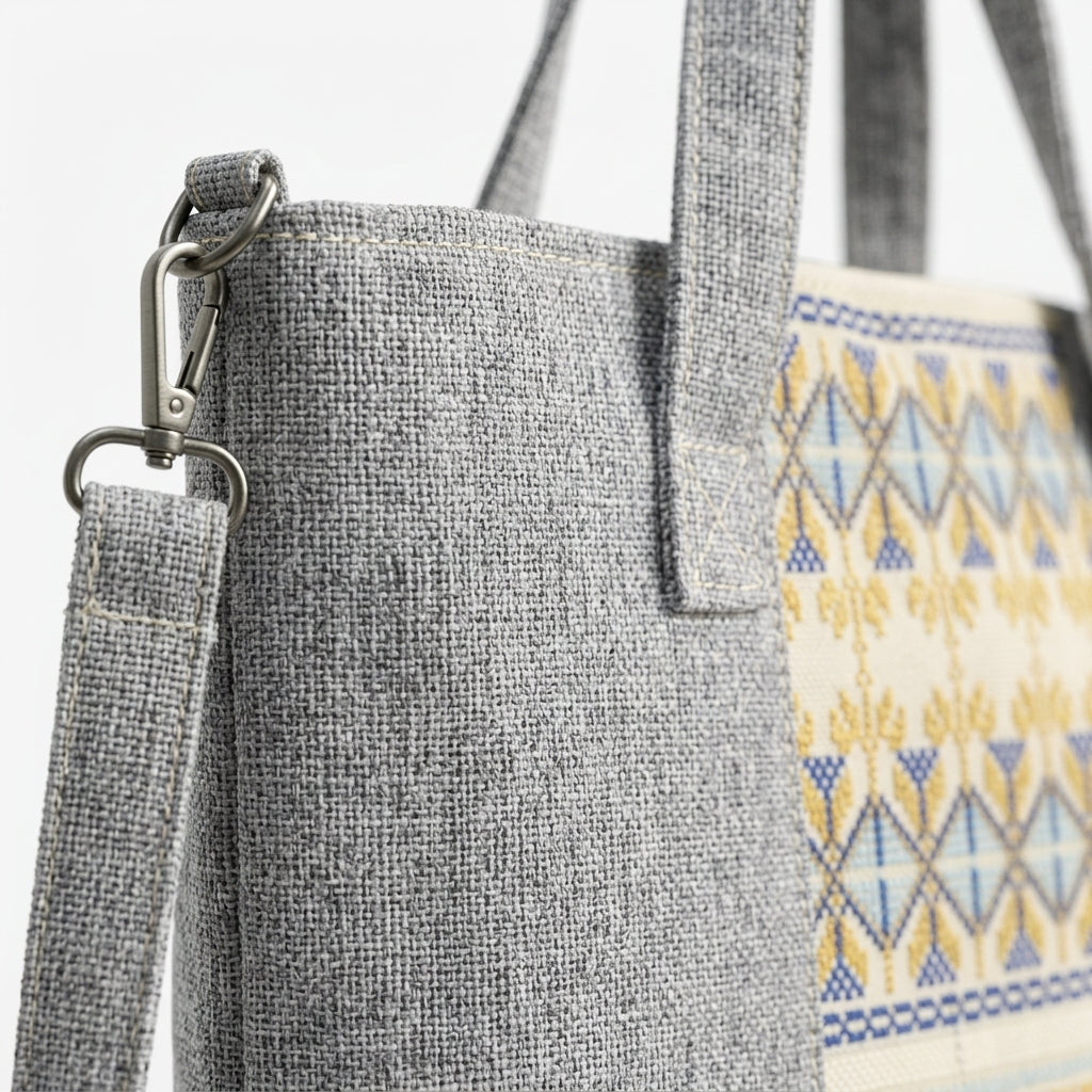 Tote Handbag With Woven Ethnic Front Panel