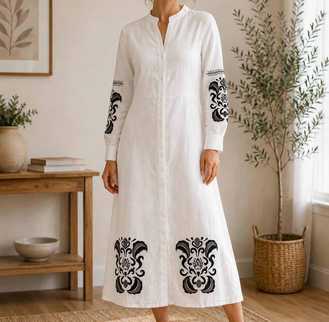 Women Printed Sleeve Button Front Tunic Dress