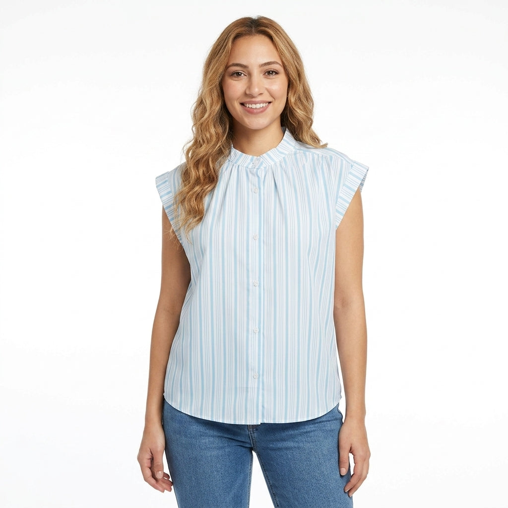 Women Striped Cap Sleeve Button Front Blouse