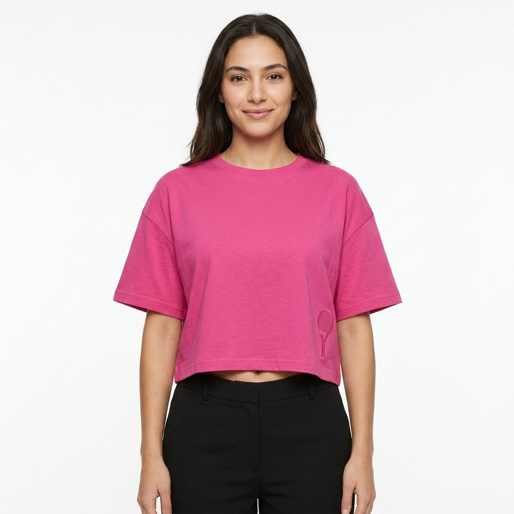 Women Short Sleeve T Shirt With Tennis Racket Embroidery