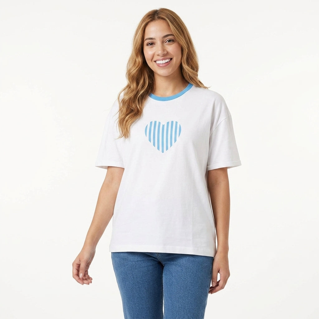 Casual Heart Print Contrast Trim Short Sleeve T Shirt