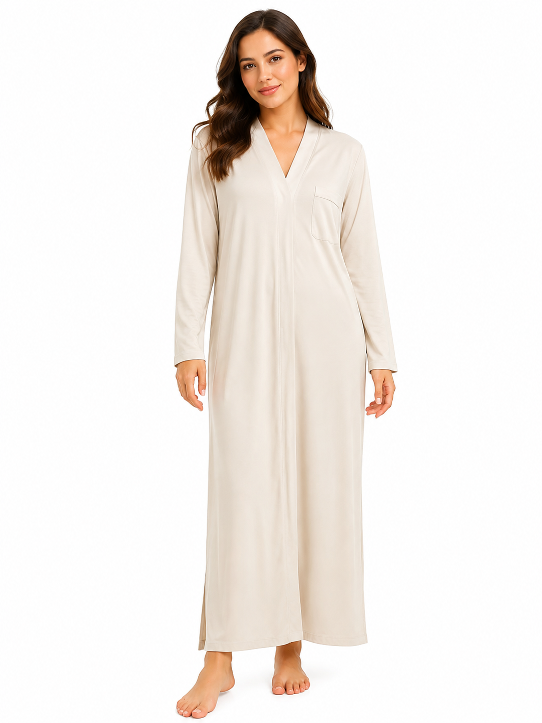 Women Long Sleeve V Neck Nightgown