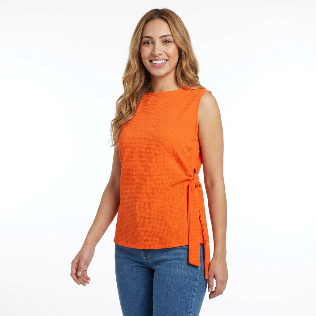 Women Textured Sleeveless Tie Waist Top