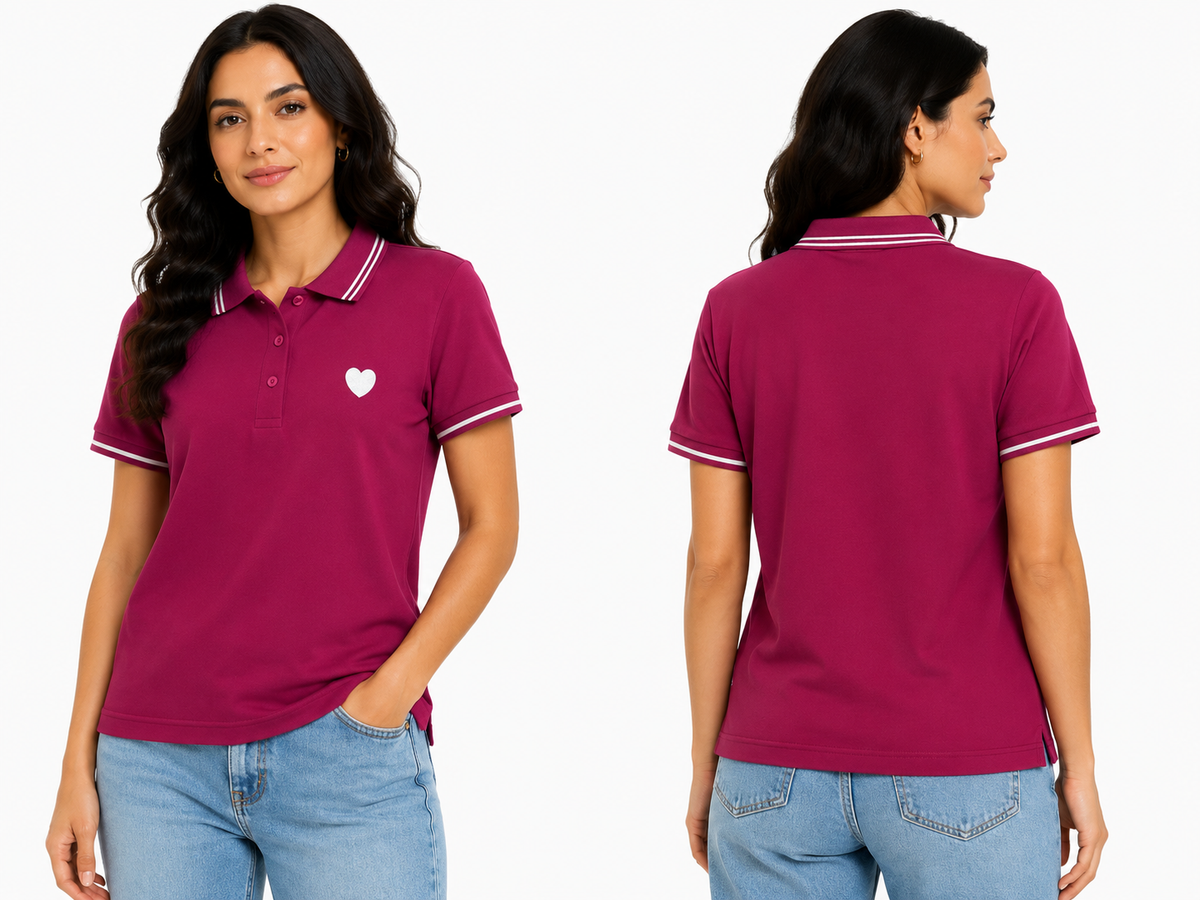 Casual Contrast Trim Short Sleeve Polo Top With Heart