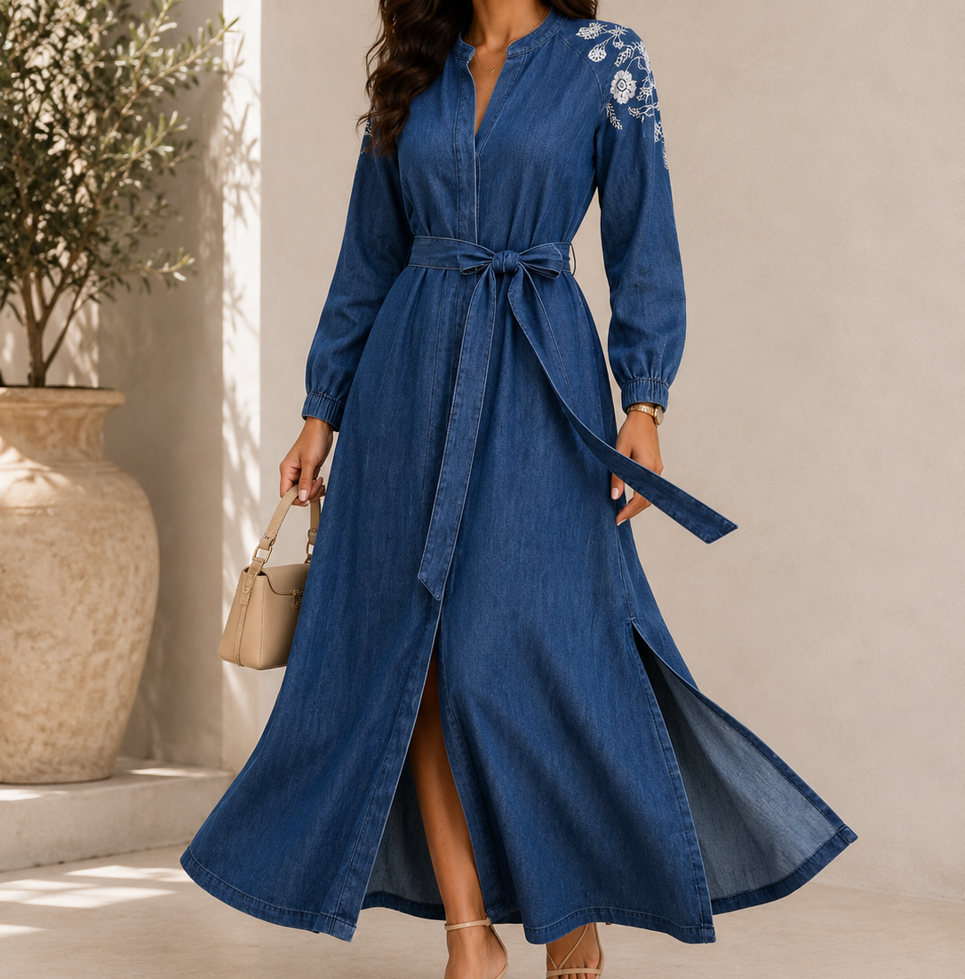 Casual Denim Open Front Longline Abaya With Embroidered Shoulder