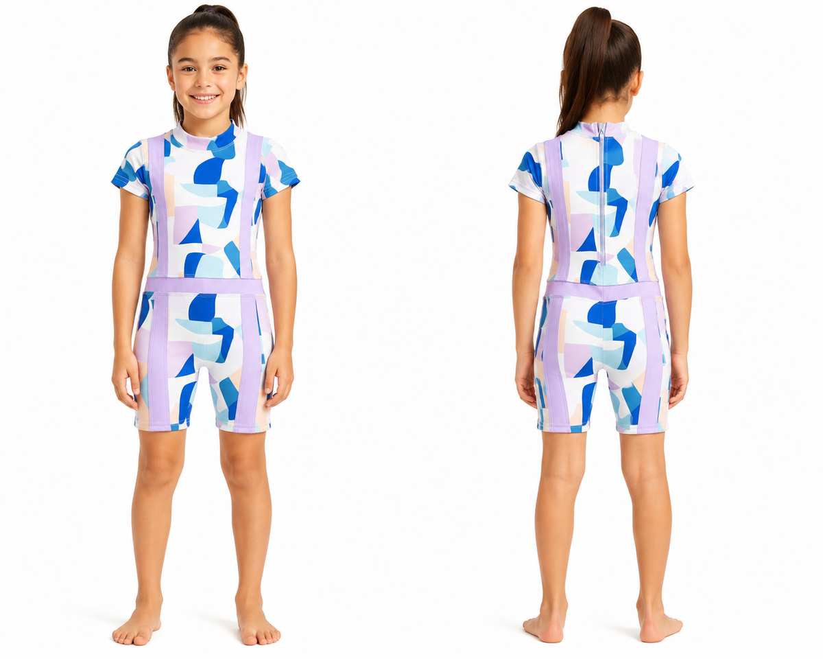 Girls Abstract Print Short Sleeve Swimsuit