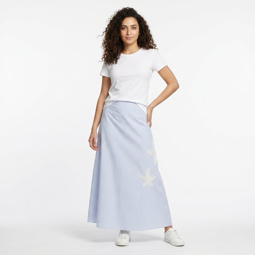 Girls Striped Floral Lace Maxi Skirt