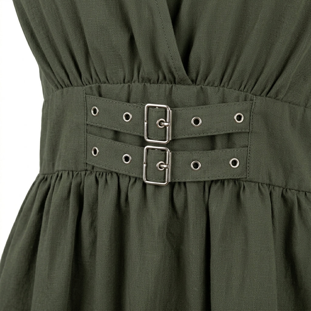 V Neck Midi Dress With Buckle Waist