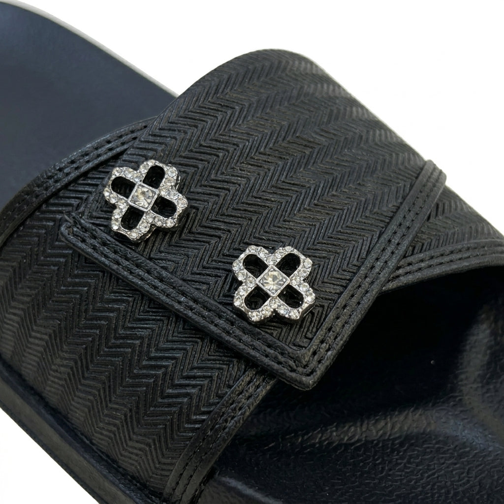 Textured Slip On Slides With Crystal Floral Embellishment