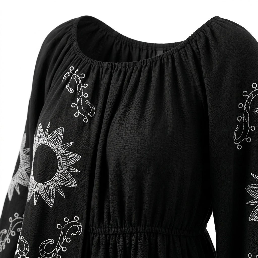Casual Embroidered Balloon Sleeve Midi Dress