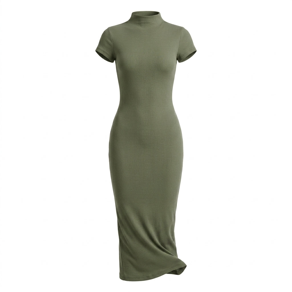 Casual Ribbed Mock Neck Short Sleeve Maxi Dress
