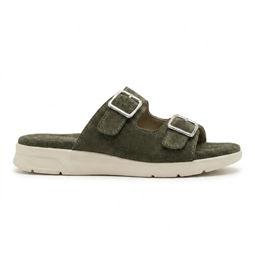 Women Suede Look Double Buckle Slide Sandals
