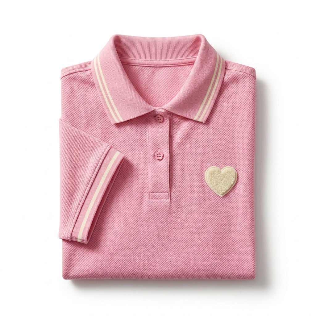 Casual Contrast Trim Short Sleeve Polo Top With Heart