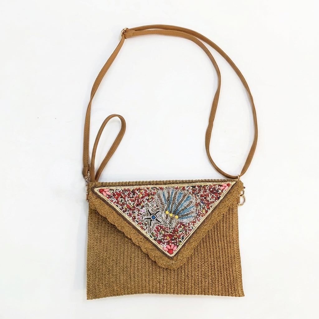 Woven Crossbody Bag With Beaded Sea Motif Flap