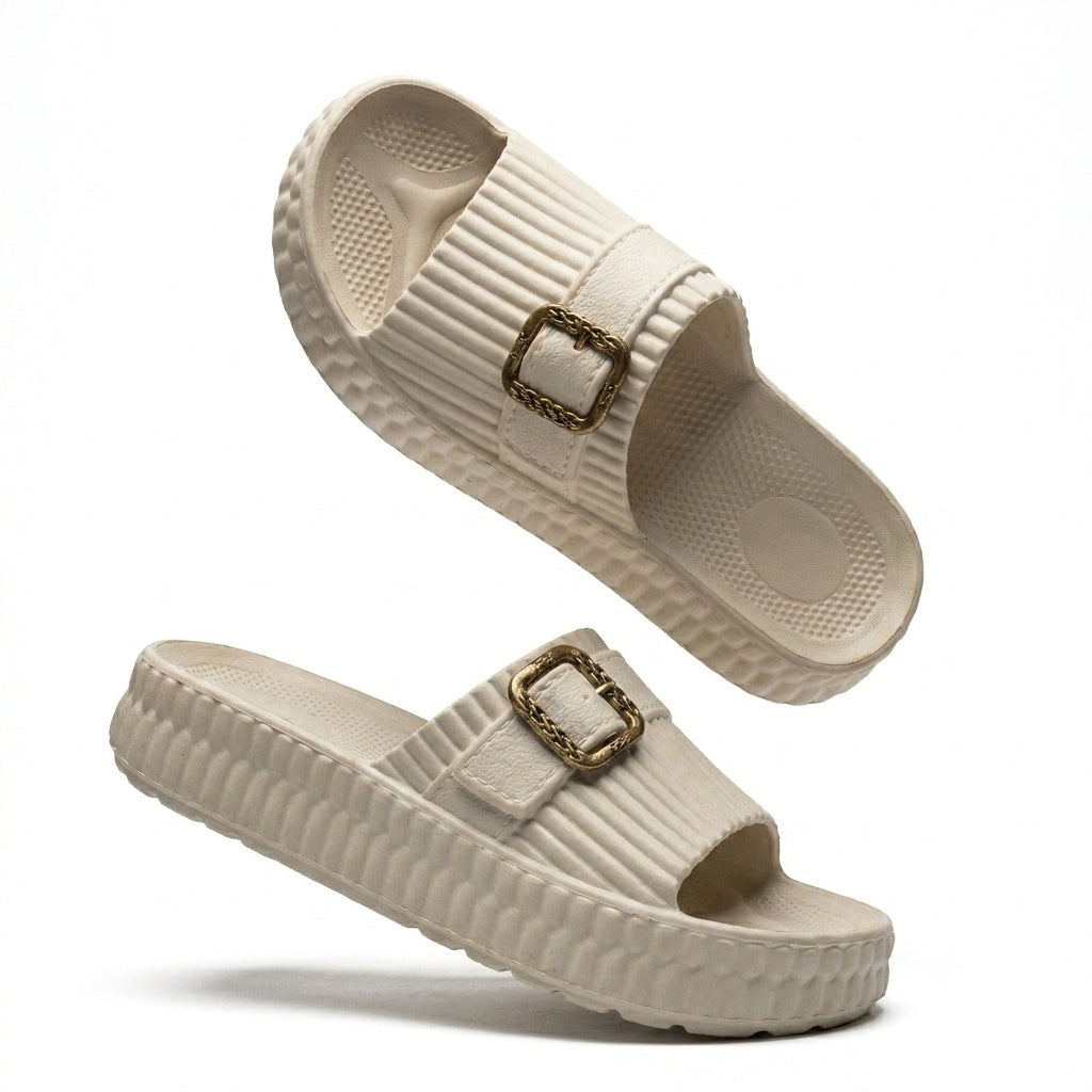 Women Ribbed Buckle Slide Slipper