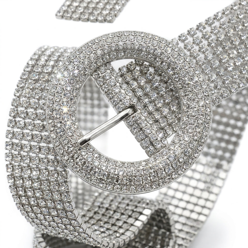 Women Tone Rhinestone Mesh Waist Belt With Rou Buckle