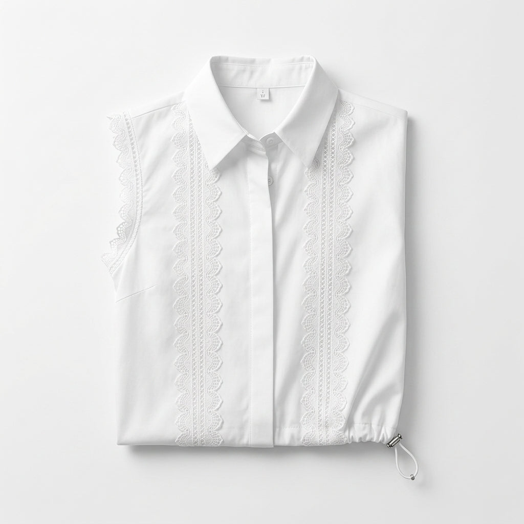 Women Lace Trim Sleeveless Collared Blouse
