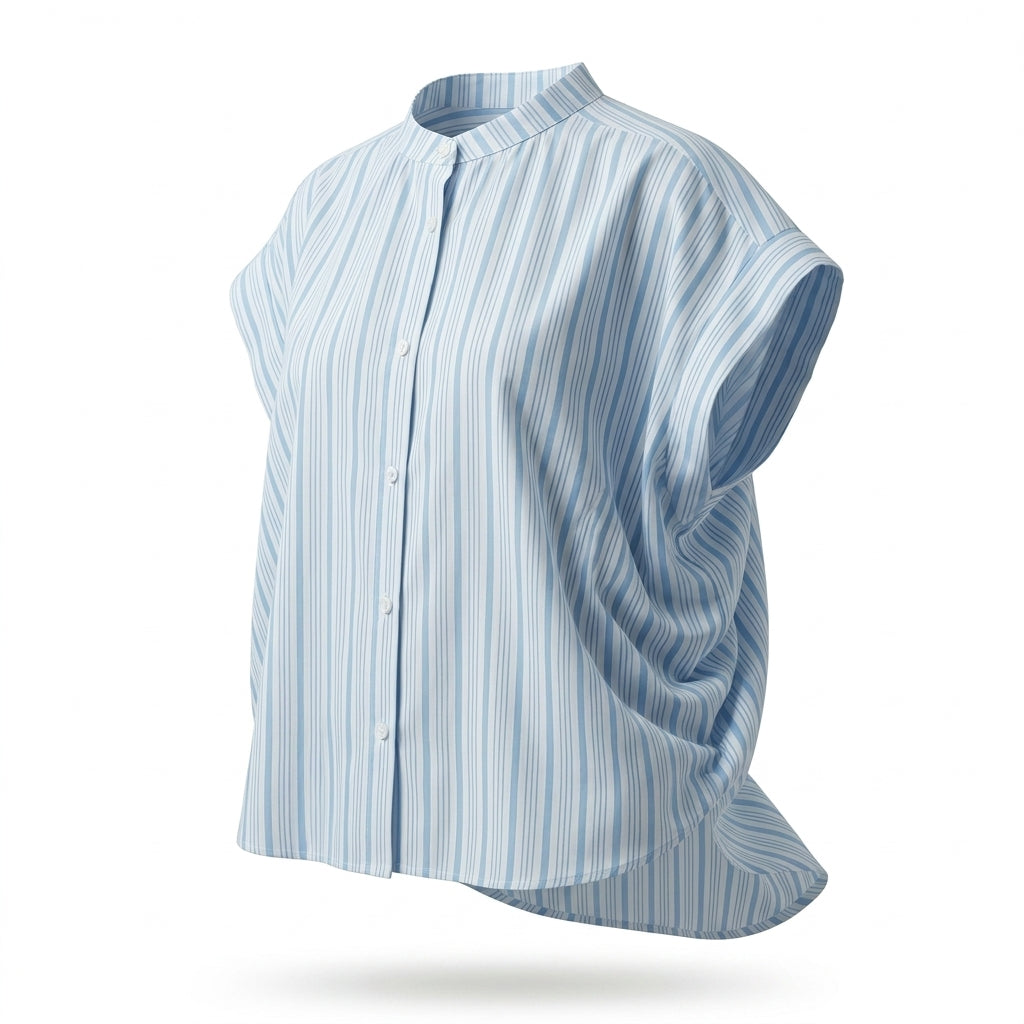 Women Striped Cap Sleeve Button Front Blouse