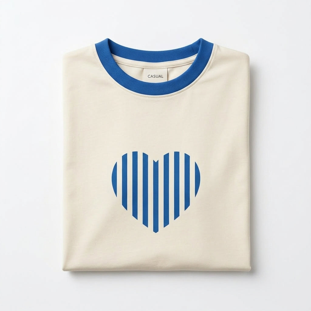 Casual Heart Print Contrast Trim Short Sleeve T Shirt