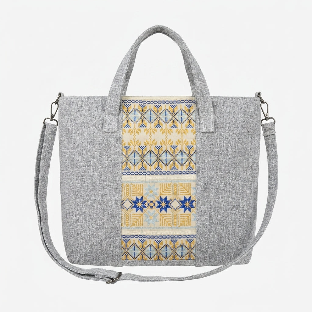Tote Handbag With Woven Ethnic Front Panel
