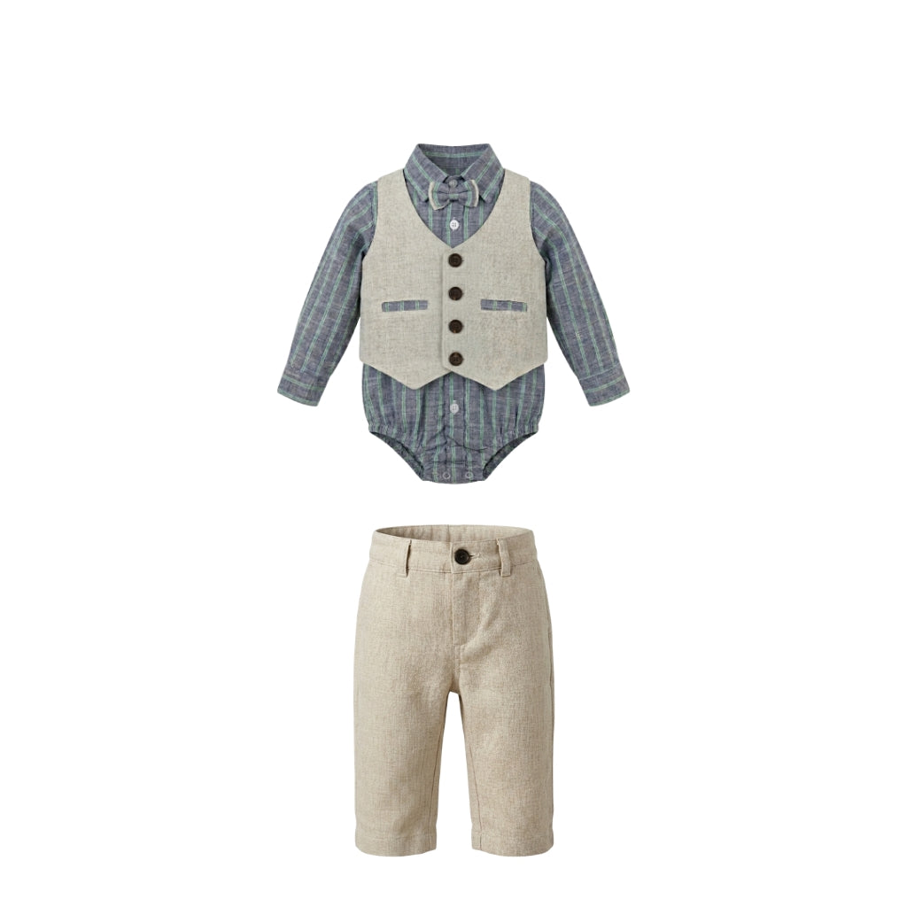 Boys 4 Piece Formal Outfit Set With Striped Bodysuit And Trousers