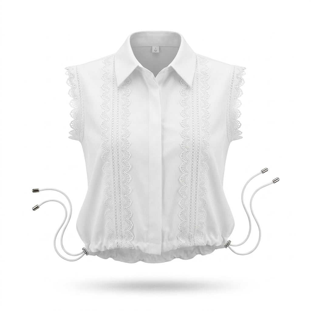 Women Lace Trim Sleeveless Collared Blouse