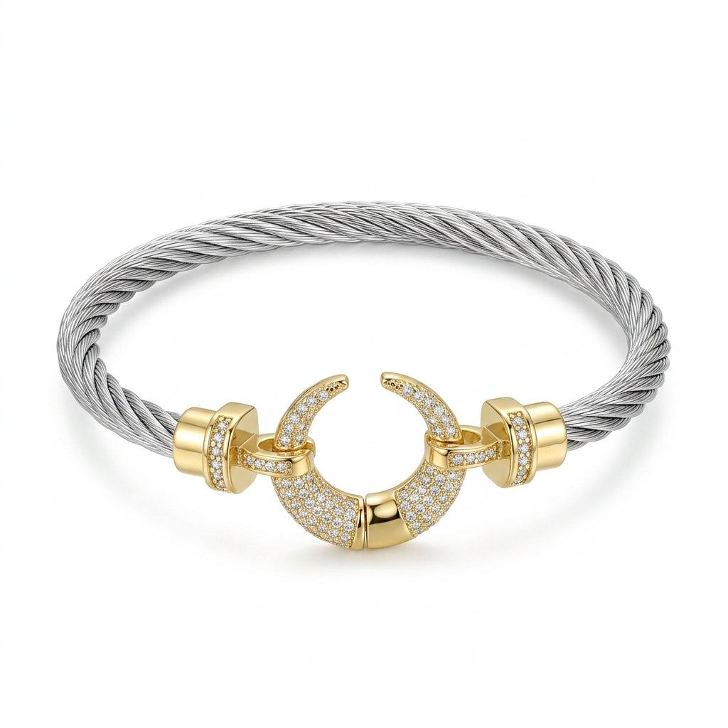 Women Two Tone Twisted Cable Cuff Bracelet With Pavé Clasp