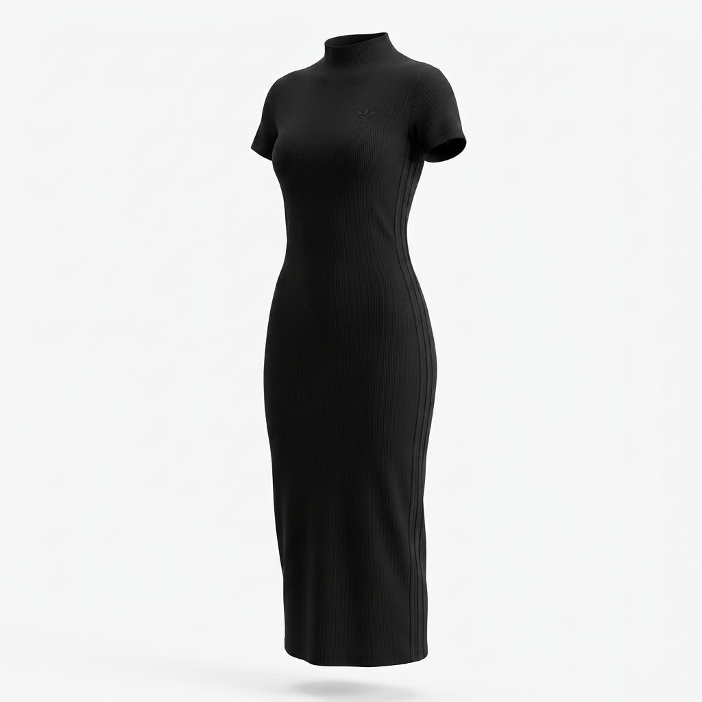 Casual Ribbed Mock Neck Short Sleeve Maxi Dress