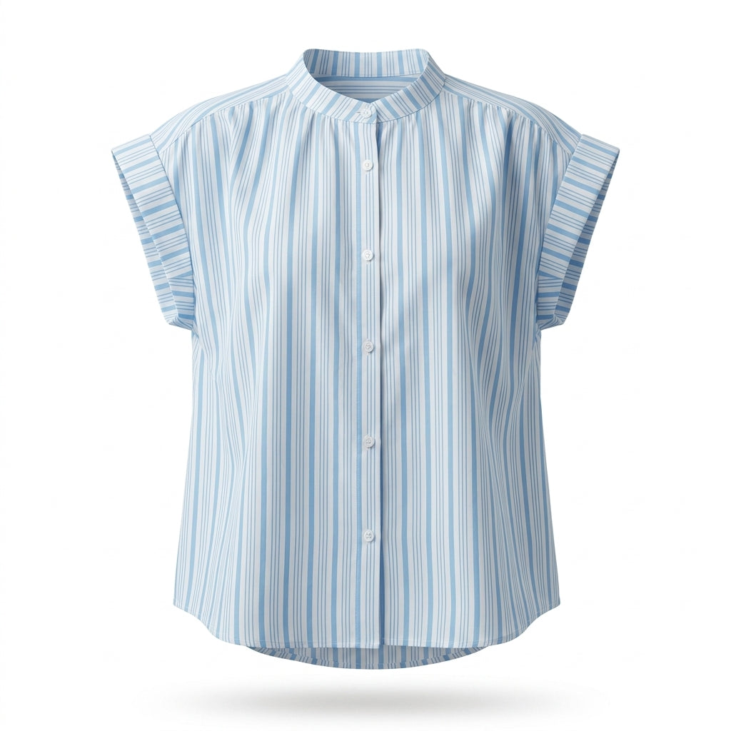 Women Striped Cap Sleeve Button Front Blouse