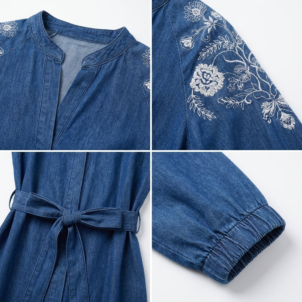 Casual Denim Open Front Longline Abaya With Embroidered Shoulder