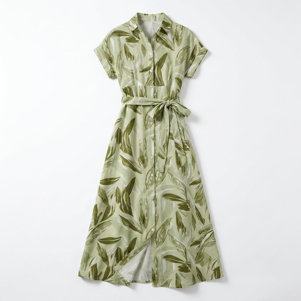 Women Leaf Print Button Front Midi Dress