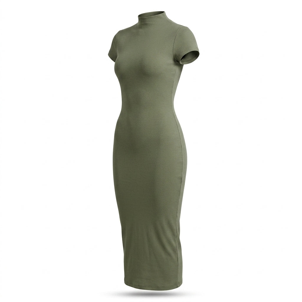 Casual Ribbed Mock Neck Short Sleeve Maxi Dress