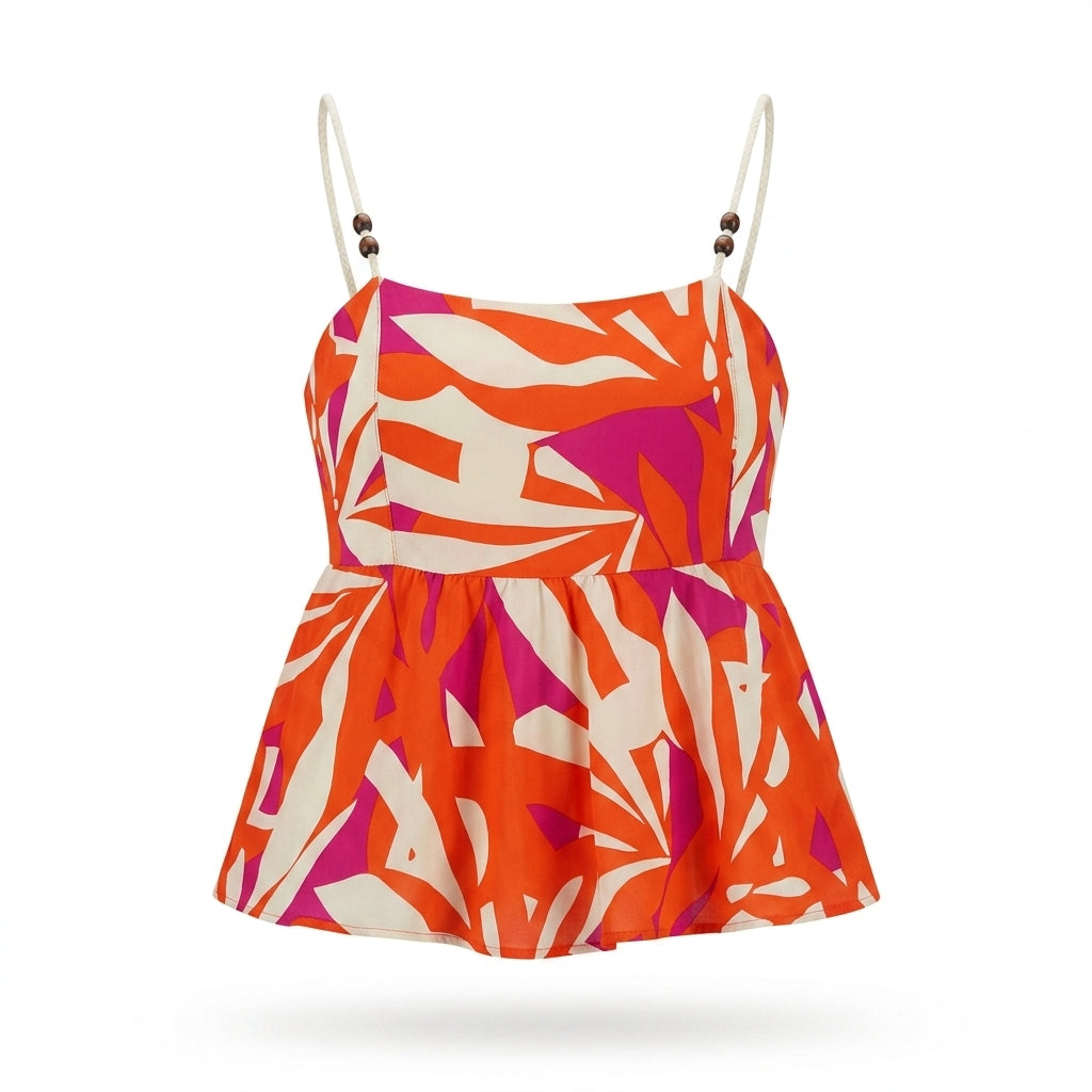 Women Abstract Print Braided Strap Peplum Top