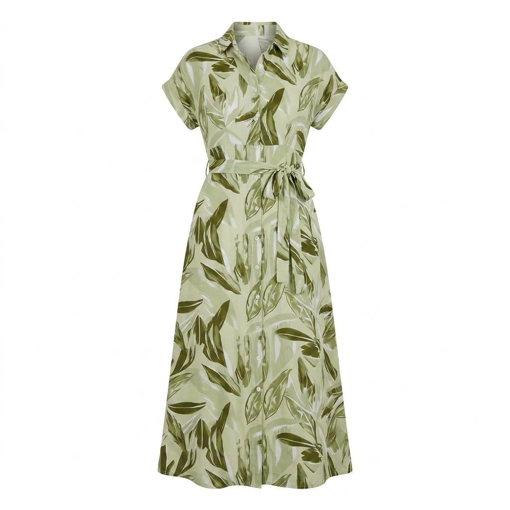 Women Leaf Print Button Front Midi Dress