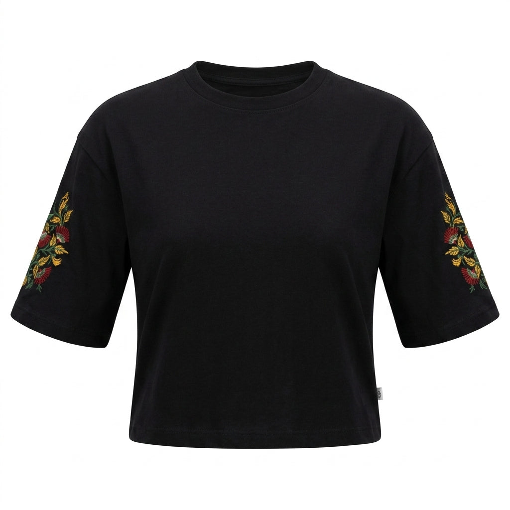 Women Embroidered Sleeve Cropped T Shirt Floral