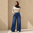 Women Mid Curved Seam Wide Leg Jeans - DK.BLUE - on model