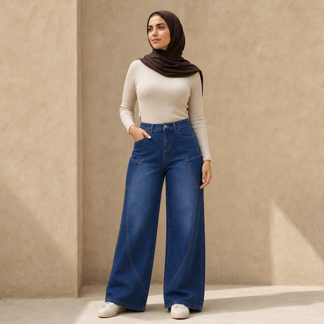Women Mid Curved Seam Wide Leg Jeans - DK.BLUE - on model