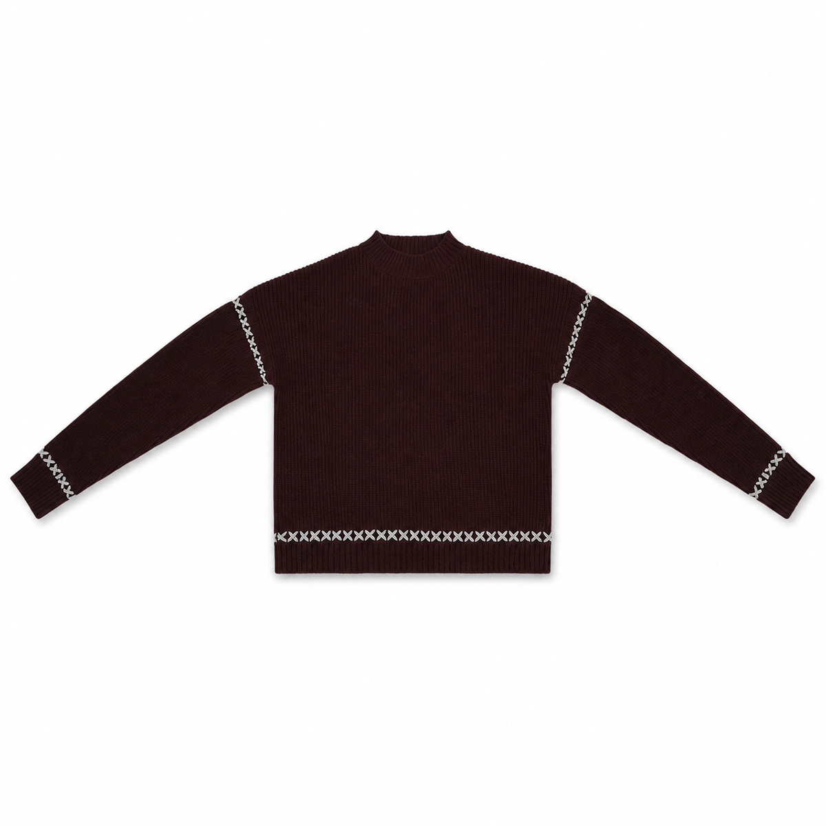 Women Cross-Stitch Ribbed Knit Pullover