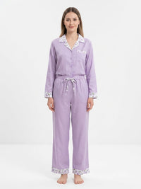Women Floral Trim Long Sleeve Pajama Set
