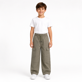 Boys Cargo Pants With Utility Pockets And Drawstring Waist