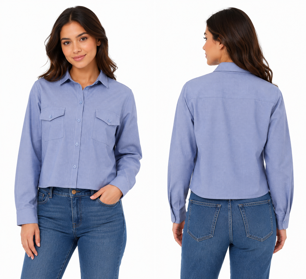 Woman Waffle Knit Long Sleeve Shirt With Chest Pocket