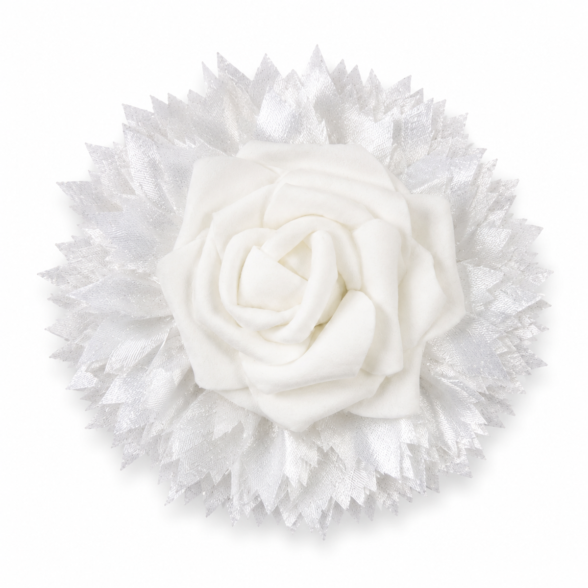 Floral hair clip with rose centerpiece and satin petals