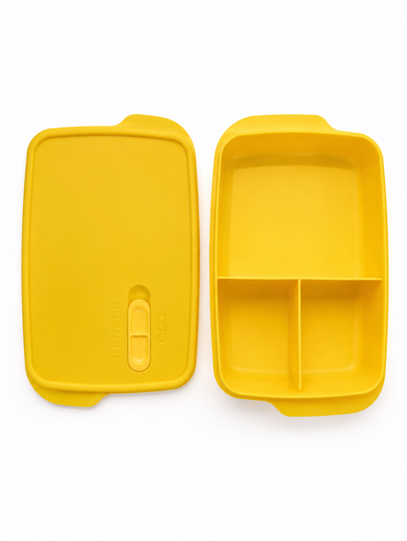 Rectangular food container with secure lid and steam vent