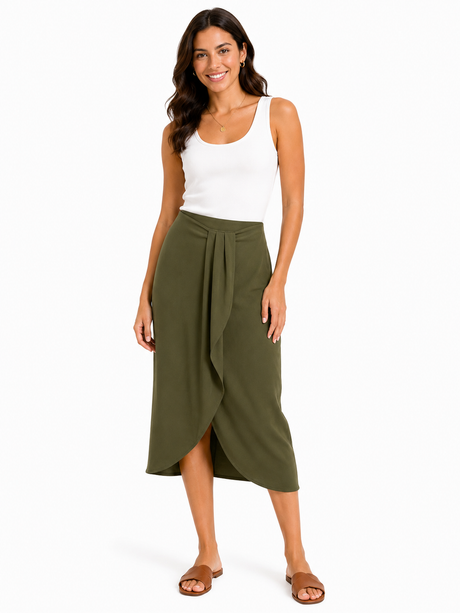 Women Front Drape Midi Skirt
