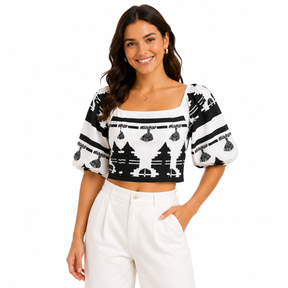 Women Printed Puff Sleeve Crop Blouse