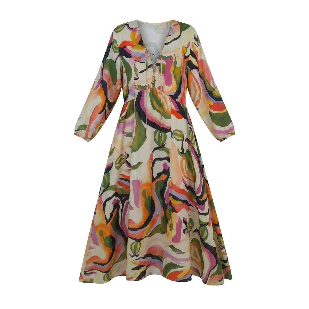 Women Abstract Print Tassel Tie Maxi Dress