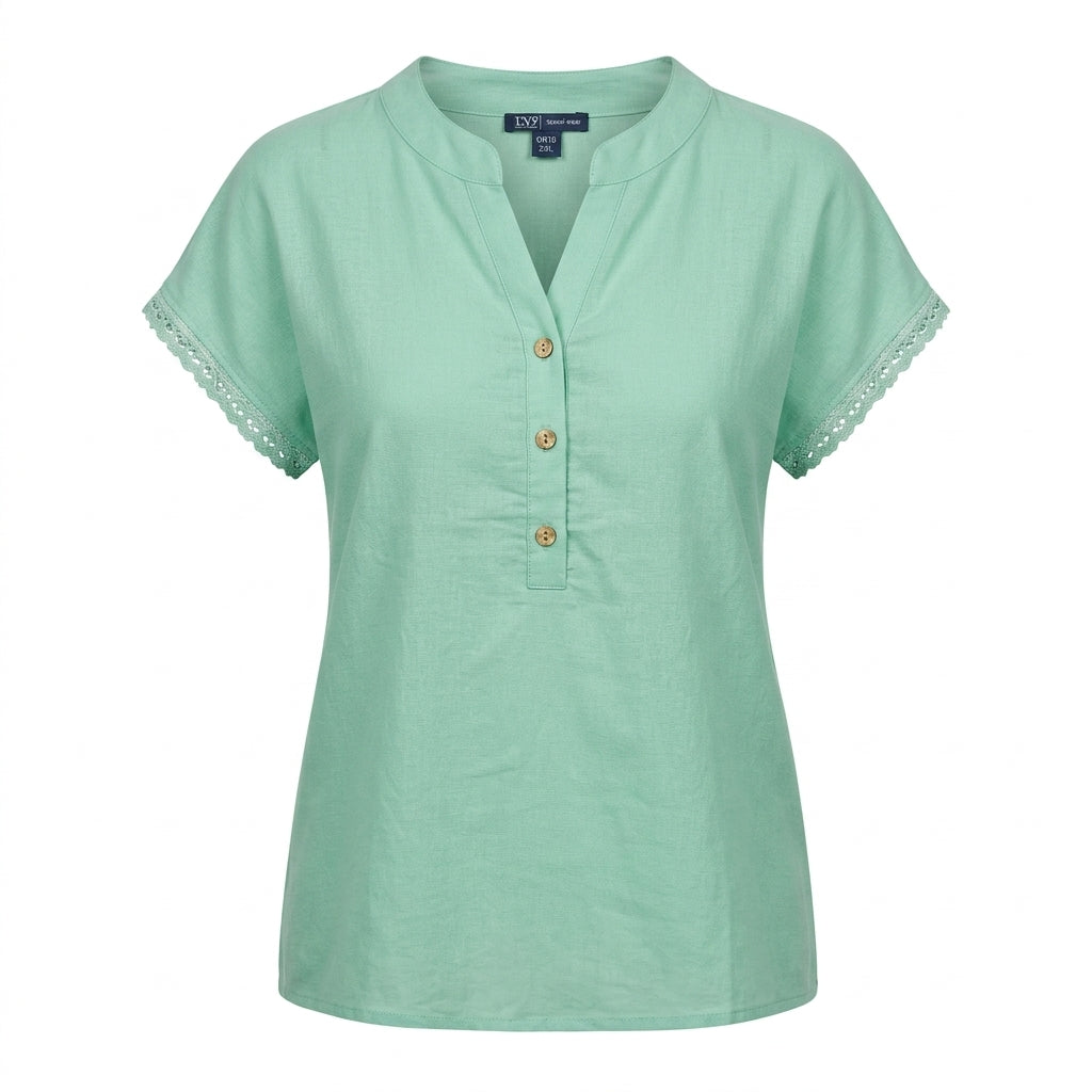 Casual Wear Women Lace Trim Henley Top