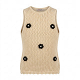 Girls Knitted Sleeveless Top And Pants Set With Floral Appliqués