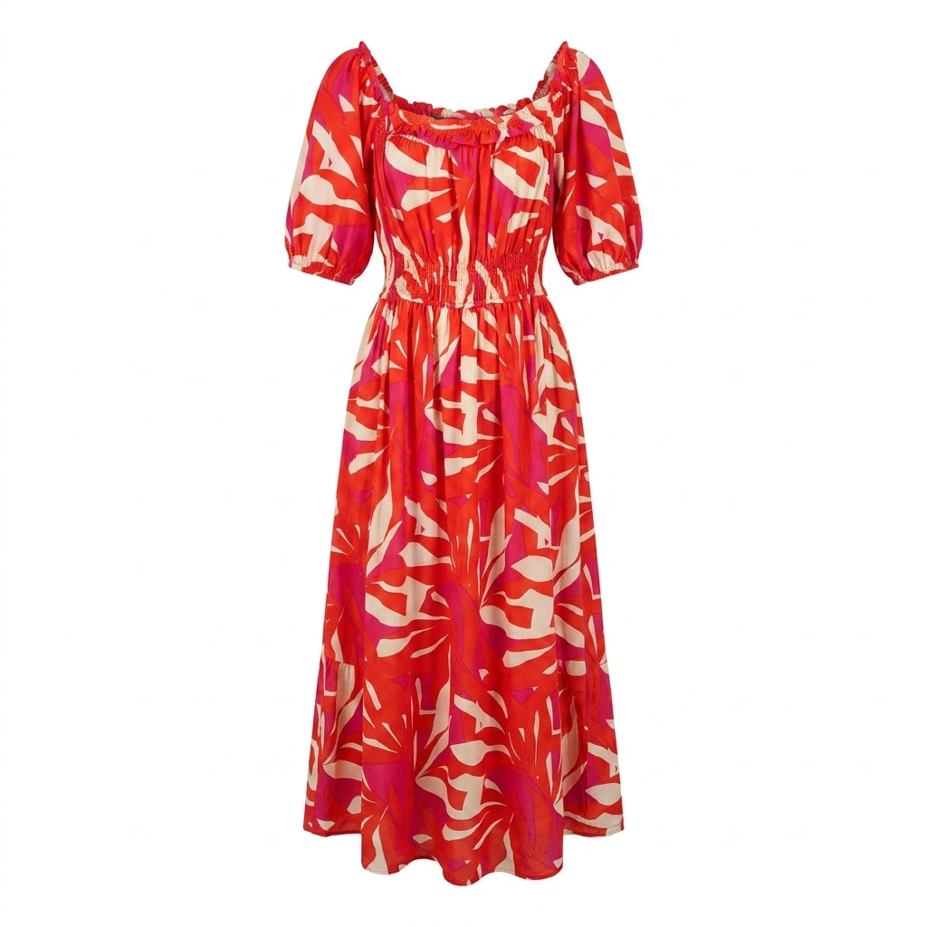 Women Abstract Print Smocked Midi Dress