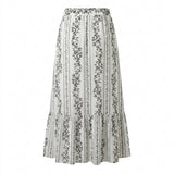 Women Floral Stripe Button Front Midi Skirt